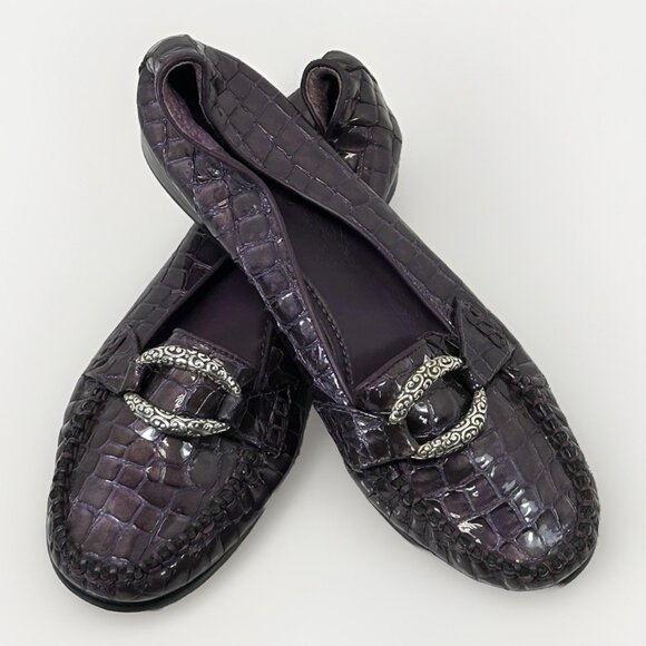 Brighton Women’s Size 8.5 M Medley Horsebit Loafers Purple Croc Leather Shoes - Picture 1 of 11